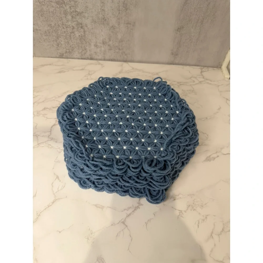 Hand Crocheted Trivet Blue Pot Holder Hot Pad 10 Inch Set of 3 Granny Core